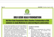 Orji Uzor Kalu Foundation Offers Another Scholarship to 650 Students to Study Medicine in Selected Nigeria Universities..